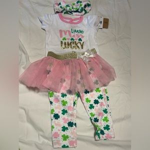 NWT Baby Essentials 3 Piece Outfit Sz 9M St. Patricks Day Pink Little Miss Lucky